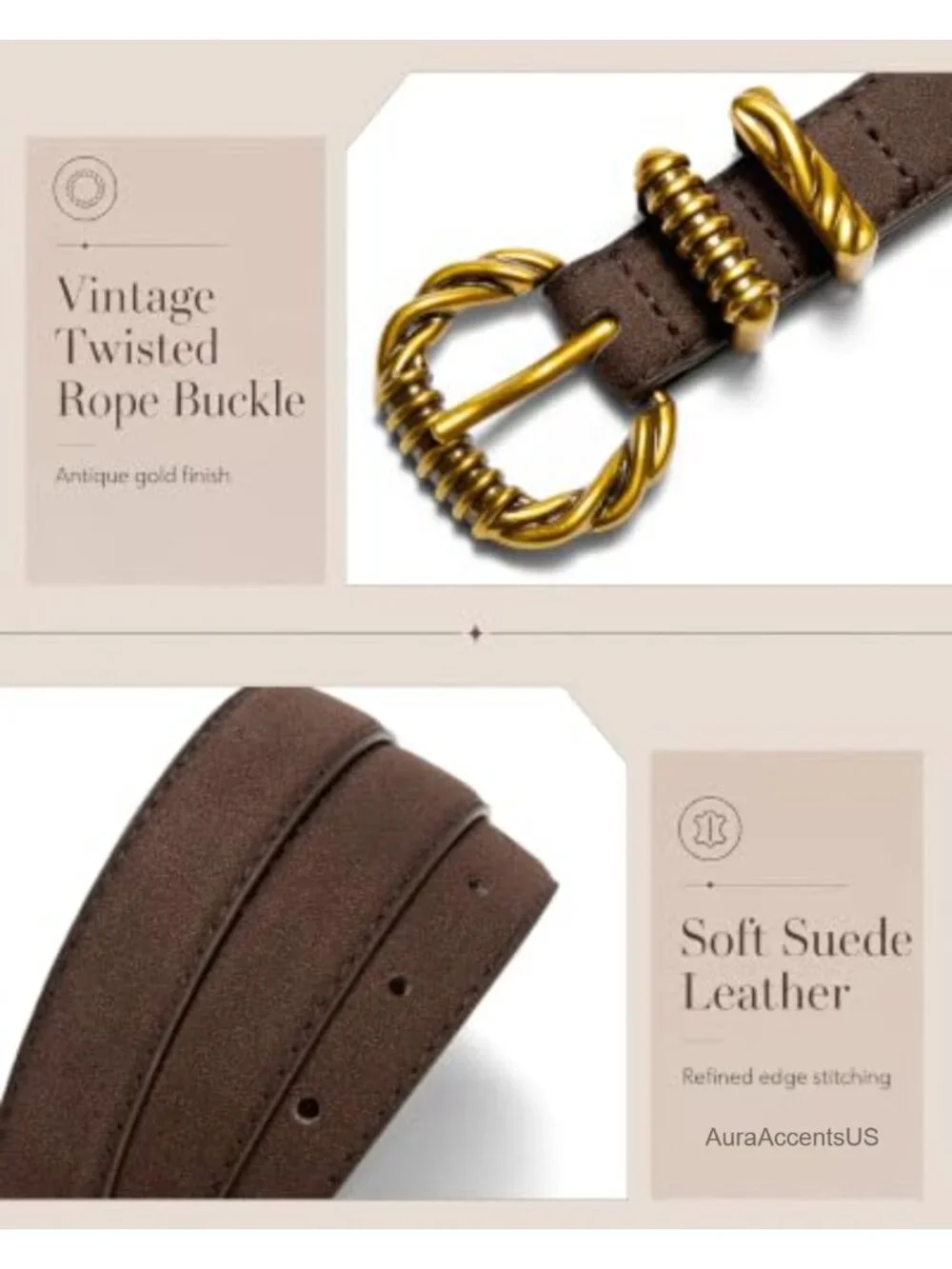 Suede Belt with Twisted Gold Buckle Fashion Waist Belt for Jeans Pants